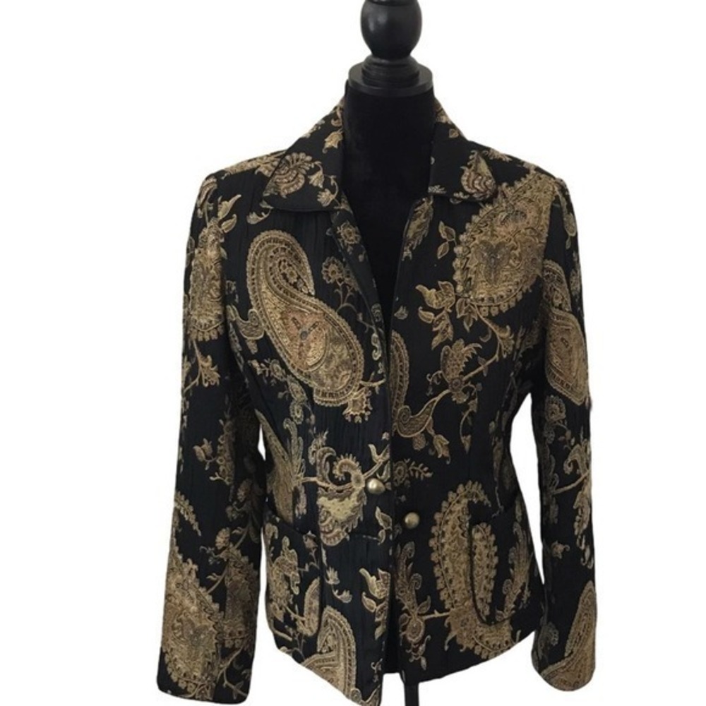 BeLize Black/Gold Paisley Print Blazer Size 12